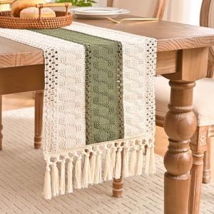 Aisybaklyn Chemin de table vert automne moderne boh&egrave;me, d&eacute;coration de table en dentelle crochet&eacute;e, vintage pour vacances, f&ecirc;te, mariage, anniversaire, cuisine, 30 x 140 cm (Aisybaklyn Home, neuf)