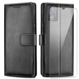 Ysjisy Coque pour Motorola Moto E13, PU Cuir Flip Portefeuille à Rabat Protection Housse pour Motorola Moto E13 avec 1 Pièce Verre Trempé écran Protecteur - Noir (xswill, neuf)