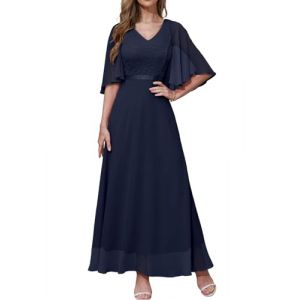 DRESSTELLS Robe de Soirée Femme Élégante en Col V pour Cocktail Cérémonie Bal de Promo, Robe Demoiselle d'honneur Femme pour Mariage Invité avec Manches Courtes Bleu Marine S (Dresstells, neuf)