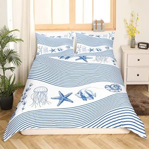 Homemissing Parure Th&egrave;me Oc&eacute;an Mer Housse de Couette M&eacute;duse &Eacute;toile de Mer Cr&eacute;ature Sealife Stripe Parure de Lit 200x200cm Bleu Blanc Housse de Couette D&eacute;cor de Chambre 3Pcs (Bofanshangmao, neuf)