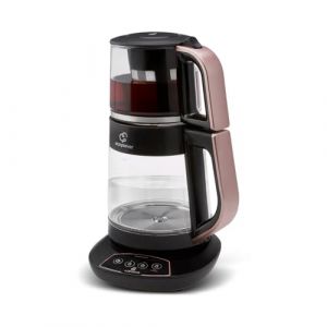 Karaca Çaysever 3-en-1 Theiere Electrique & Bouilloire en verre, Theiere avec Infuseur & Chauffe-biberon, Infusion automatique, Indicateur de fraîcheur, Annonces vocales, Arrêt de sécurité, Or rose (KARACA, neuf)