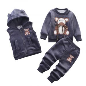 Tenue chaude pour tout-petits enfants &agrave; capuche sans manches gilet costume b&eacute;b&eacute; hiver trois pi&egrave;ces tenues enfant &agrave; manches longues sweat pantalon ensembles b&eacute;b&eacute;s dessin anim&eacute; ours v&ecirc;tements 0-4 ans (Odziezet, neuf)