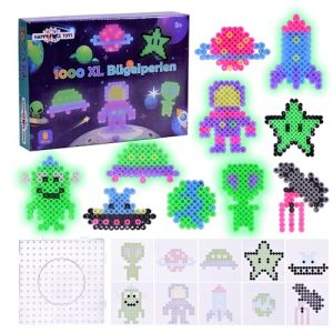 Lot de 1000 perles à repasser Maxi XL de 10 mm - Espace - 1 plaque maxi - 1000 perles à repasser - 10 modèles en papier - 1 papier à repasser - Glow in the Dark - Brille dans le noir (Happy Price Toys, neuf)