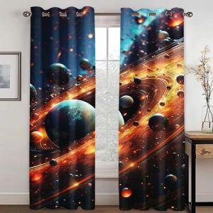 KARPIX Rideau Fen&ecirc;tre Plan&egrave;te Univers, Rideaux Transparents &Eacute;toil&eacute;s de l'Espace avec &OElig;illets, Rideau Opaque pour Enfants et Adolescents, 2 Panneaux (210 x 140 cm (2 x 50 x 140 cm)) (LDFRUFH, neuf)