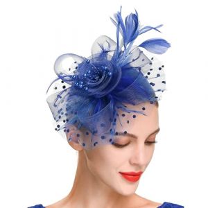 Chapeau bibi décoratif charmant en maille avec fleur et plumes Bleu roi (kilnbright, neuf)