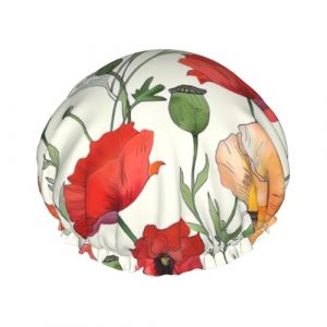 Bonnet de douche avec motif de coquelicot, imperm&eacute;able et r&eacute;utilisable avec bande &eacute;lastique (yanDSX6688, neuf)