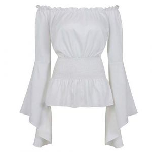 Jutrisujo Costume Medieval Femme Renaissance Chemise Blouses R&eacute;tro Victorien &Eacute;paule D&eacute;nud&eacute;e &Eacute;l&eacute;gante Sexy Top Vampire Pirate Blanc XXS (jutrisujo Unique, neuf)