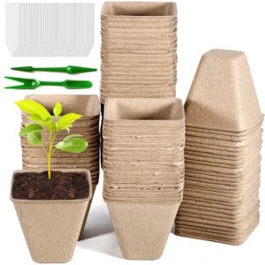 ZQEJEFD Pots de Culture Biodegradable, 100Pcs 8cm Pot Semis Biodégradable Carrés, Pots de Graines en Fibre pour Semis+100Pcs Etiquette Plante+2Pcs Outils de Repiquage pour Graine Plante Fleurs Légumes (MARKET RENDON JORGE ENRIQUE S.R.L., neuf)