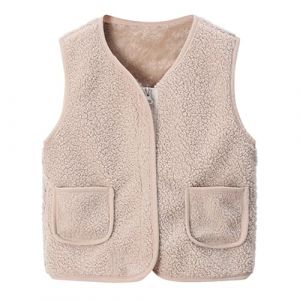 LAEMILIA Gilet sherpa pelucheux pour petits garçons et filles, couleur unie, sans manches en fausse fourrure pour l'automne et l'hiver - Gilet d'extérieur en polaire chaude avec poches, beige, 5-6 ans (LAEMILIA, neuf)
