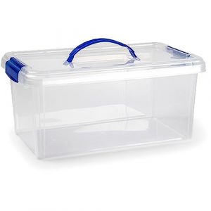Acan Tradineur Boîte de rangement en plastique pour jouets, livres, vêtements, couvertures, transparentes/anses bleues, n° 24, 17,5 x 38,5 x 23 cm, 10 l (TRADINEUR, neuf)