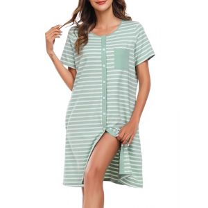 Lovasy Chemise de Nuit Femme Coton Chemise de Nuit Manches Courtes &agrave; Rayure Robe De Nuit Boutonn&eacute;e Devant Tee Shirt de Nuit Femme Grande Taille avec Poches Lat&eacute;rales A Vert Clair L (Lovasy Direct, neuf)