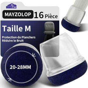 MAYZOLOP 16 Pi&egrave;ces Protection Pied de Chaise, &Phi;20-28 mm Transparent Rond de Protege pour Pieds de Chaise avec Bleu Marine Feutre, Pieds de Chaise, Embout de Chaise, Pas de Rayures, Pas de Bruit (MAYZOLOP-FR, neuf)