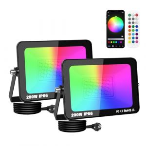 SKYWORLD 2 x 200W RGB Projecteur LED Exterieur, Intelligente RGB Spot LED Extérieur, Smart Floodlight avec APP Control, Etanche Eclairage Exterieur LED Couleur avec Prise pour Jardin, Patio, Cour (SKYWORLD-EU, neuf)