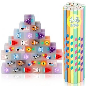 Runxin 64 PCS Gomme Crayon,32 Gommes de Fruits Kawaii & Crayons HB Ergonomique Triangulaire,Gommes Animaux, Ensemble de Papeterie Amusant pour Enfants et étudiants (xygood, neuf)