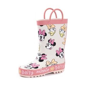 Disney Minnie Mouse Bottes en caoutchouc pour filles | Bottes en caoutchouc avec poign&eacute;e pour enfants Minnie & Daisy Character All Over Print en Beige & Rose | Bottes en caoutchouc r&eacute;sistantes (Vanilla Underground, neuf)
