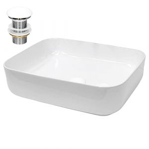 ECD Germany Lavabo en Céramique Blanc 505x395x135 mm avec Garniture de Vidage 1 1/4" Universelle sans Trop-Plein, Design Carré, Vasque à Poser Moderne, Évier Lave-Mains pour Salle de Bain et Toilette (ECD-Germany, neuf)