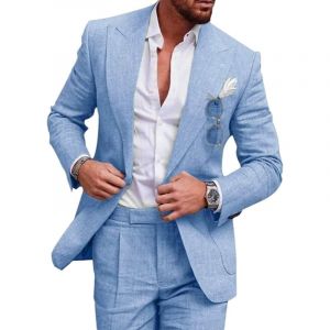 Costume 2 pièces en lin pour homme, bouton unique, couleur unie, veste et pantalon, convient pour mariage, garçon d'honneur, bal, retour à la maison, bleu ciel, XS (Driohan⭐⭐⭐⭐⭐, neuf)