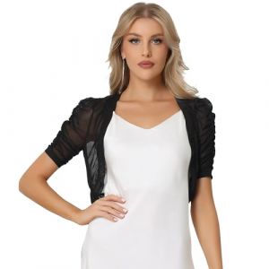 Allegra K Boléro Femme en Maille à Manches Courtes Froncées Gilet Court Léger Demi-Transparent Cardigan pour Robe de Cocktail Noir XL (Allegra K FASHION, neuf)