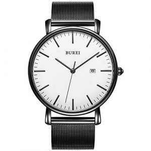 BUREI Montre Quartz Ultra-Fine pour Homme Mouvement Quartz Japonais mécanique pour Homme Le pour Les Gentlemen (Blanc, Noir, Acier Inoxydable) (EU Watches, neuf)