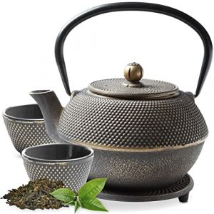 Tealøv THEIERE FONTE 1,1 LITRE SET COMPLET | BOÎTE CADEAU | Service à Thé en Fonte avec Théière, 2 Tasses & Dessous Théière | Entièrement Émaillée de l'Intérieur | Design De Style Japonais | Noir/Or (Cook & Dine, neuf)