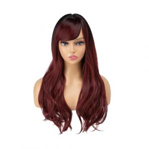 Frange oblique de différentes couleurs for femmes, cheveux longs bouclés, rose, blanc, marron, perruque complète(Wine red) (wuzhixiananchenbaihuoshanghang, neuf)
