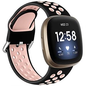 Dirrelo Bracelet Compatible avec Fitbit Versa 4 Bracelet/Fitbit Versa 3 Bracelet/Fitbit Sense Bracelet/Fitbit Sense 2 Bracelet Femme Homme, Sport Respirant Silicone Étanche Remplacement, Noir/Rose L (GooyooStoreEU, neuf)