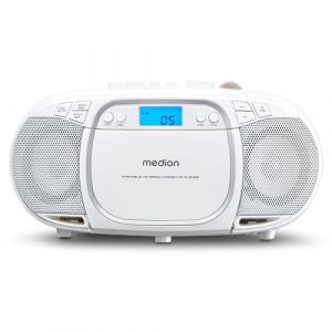 MEDION E66476 Stereo Sound System (Boombox, Lecteur CD, MP3, Cassette, Lecteur de Cassette Portable pour Enfants, Radio FM, AUX, écouteurs, Secteur & Batterie) Blanc (medionshop-deutschland, neuf)