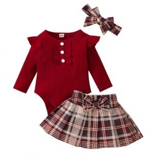 LUVCES Ensemble Nouveau-n&eacute; Fille Tenue d'Automne Hiver Manches Longues Body Tricot&eacute; avec Jupe &agrave; Carreaux 3 Pi&egrave;ces Vetement Bebe Fille de No&euml;l 3Pcs Bordeaux 6-9 Mois (SANYI FASHION, neuf)