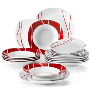 MALACASA Série Felisa 18 Assiettes Carrée Service de Table en Porcelaine pour 6 Personnes avec Assiettes Plates, Assiettes Creuses, Assiettes à Dessert, Service de Vaisselle Blanc et Rouge (MALACASA Tableware Online, neuf)