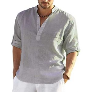 PADOLA Chemise Homme Chemise Lin Homme Col Mao Chemise Manches Longues Uni Henley Shirts Chemise en Lin été Grande Taille Chemise de Plage Classique Casual Décontractée (2XL, 5 Gris) (Chaos World Apparel, neuf)