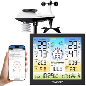 Raddy WF-120C Wi-Fi Station météo professionnelle, Moniteur de température et d'humidité intérieur/extérieur avec capteur extérieur 7 en 1, Pluviomètre, Vitesse du vent, Prévisions météo, Indice UV (Radioddity France, neuf)