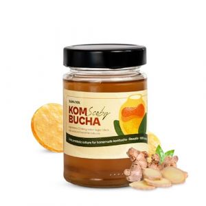 SANUVIA Kombucha SCOBY Starter Culture &ndash; Champignon de th&eacute; avec 300 ml de th&eacute; de d&eacute;part en verre &ndash; V&eacute;gan, culture vivante, r&eacute;utilisable &ndash; Instructions sur l&rsquo;&eacute;tiquette &ndash; 100% naturel (KIMDIN, neuf)