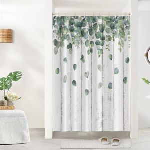 Uiiooazy Rideau Douch Gris, Rideau de Douche 150x180cm Anti Moisissure Feuilles d'eucalyptus Vert Planche de Bois Rideaux de Baignoire Tissu Lavable Polyester Rideaux Salle de Bain avec 10 Crochets (dongguibinjingpinxiaodianpu, neuf)