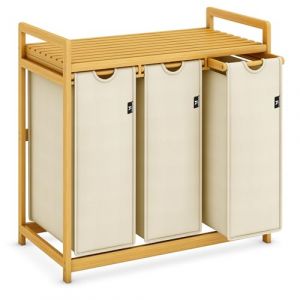 AdelDream Panier à linge 150L 3 compartiments avec étagères sac à linge extensible et amovible collecteur de linge cadre en bambou boîte à linge tri du linge Bambou Beige (FreeYi GmbH, neuf)