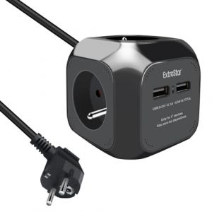 EXTRASTAR Multiprise USB Cube, Bloc Multiprises avec 4 Prises et 2 Ports USB, Chargeur USB Multiple, Multiprise Electrique pour Bureau, Maison, Peut être installé au Mur, sur la Table, 1,5 m, Noir (Star Far East, neuf)