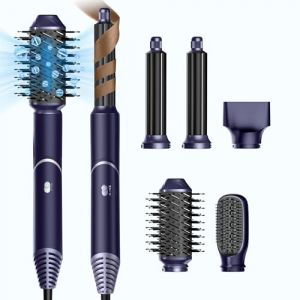 UKLISS Sèche Cheveux 5 en 1 Air Brush Ionique Brosse Soufflante Airstyler 5 en 1 avec Brosse Chauffante Brushing Boucleur a Cheveux Appareils et Outils de Coiffure Coffret Cadeau Femme, Bleu/Argent (ukliss beauty, neuf)