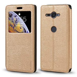 Coque &agrave; Rabat en Cuir PU avec Fen&ecirc;tre Visible et Aimant Invisible Compatible avec Sony Xperia XZ2 Compact, &Eacute;tui Intelligent &agrave; Affichage Clair (Or) (Shantime, neuf)