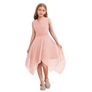 YiZYiF Enfant Fille Robe Princesse Habillée Mousseline Robes de Mariage Soirée Cocktail Cérémonie Asymétrique Col V sans Manches Robe Demoiselle d'honneur 7-16 Ans Rose 13-14 Ans (Shifang, neuf)