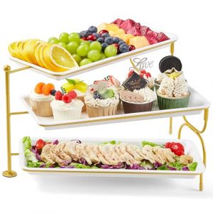 Lifewit Plateau de Service avec 3 Plats, Plateau Repas Amovible, Grand Plateau Plastique Rectangulaire 36 × 17cm, Presentoir Aperitif Buffet, Présentoir à Gâteaux, Panier Fruits, Support en Métal Doré (Lifewit Home FR, neuf)