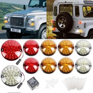 HEYOUTH 10 PCS Defender Kits de mise &agrave; jour de lumi&egrave;re LED,phares avant blancs,arri&egrave;re rouges,lat&eacute;raux orange, avec module clignotant LED CF14,for Land Rover Defender 90/110 1990-2016 (color&eacute;) (sihuiouzhou, neuf)
