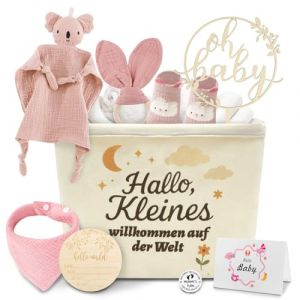 Cadeau pour b&eacute;b&eacute; gar&ccedil;on et fille - Ensemble cadeau de naissance avec doudou koala en bois, chaussettes, bavoirs, plaque en bois et carte cadeau - Rose (LIHEMAOY, neuf)