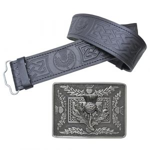 Ensemble ceinture de kilt en cuir et boucle, ceinture en relief chardon &eacute;cossais avec boucles en argent antique n&oelig;ud celtique en &eacute;tain &ndash; Ceintures de kilt pour homme, Argent - Antique, XL, 44 -48 Inch (Kilt Mania, neuf)
