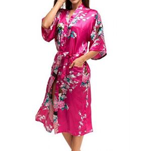 Robe de Chambre Longue Femme Paon Fleurs pour Eté Automne - Chemise de Nuit Style de Kimono - Rouge Rosé - Taille XL (PYOUEU, neuf)