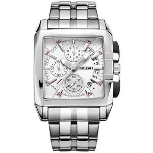 MEGIR Montre Rectangulaire Homme Mode Acier Inoxydable Imperméable Quartz Analogique d'Affaires Chronographe (ForraderDirect, neuf)
