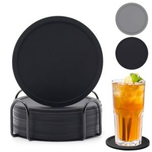 12 Pièces Dessous de Verre Silicone, Dessous de Verre Silicone Noir Rond, sous Verre en Silicone avec Plateau, Dessous de Verre Noirs Antidérapants pour Verre de Bière, Tasses à Café (ROYALGURU OÜ, neuf)