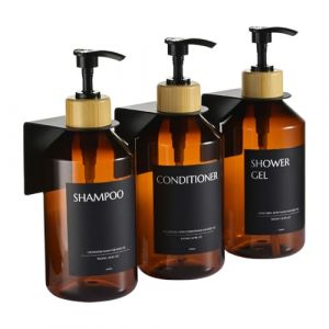 Janxin 3 Pièces Distributeur Savon Liquide Mural sans Percage, Distributeur de Savon Ambre, Distributeur Savon Douche Mural, pour Cuisine/Salle/Bain (Flacon Marron + tête en Bambou Noir) (Janxin, neuf)