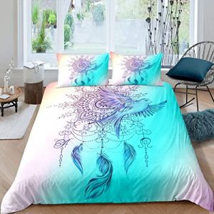 Homemissing Attrapeur de rêves Ensemble de literie 240x260cm Boho Dreamcatcher Ensemble de lit pour Enfants bohème Hippie Plume Oiseau Housse de Couette Ensemble Exotique Tribal Bleu Vert (Bofanshangmao, neuf)