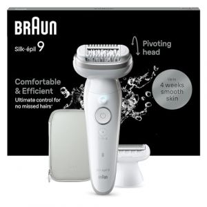 Braun Silk-épil 9, Épilateur Avec Tête Pivotante Pour Épilation Facile, Étanche, Peau Douce Longue Durée, Avec Tête De Rasoir Pour Femmes Et Sabot Tondeuse, 9-041, Blanc/Argent (Salontotal, neuf)