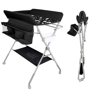 Table &agrave; Langer Pliante avec Panier de Rangement et Roues Verrouillables Meuble &agrave; Langer en Acier au Carbone et Tissu Oxford Portable Charge Max 25 kg-80 * 58 * 90 cm-noir (Hechheu, neuf)