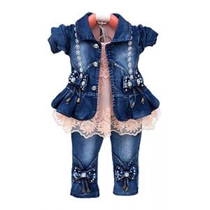 Printemps Automne Petites Filles Ensemble de v&ecirc;tements 3 pi&egrave;ces T-Shirt &agrave; Manches Longues Veste en Jean et Jean (Rose, 1-2 Ans) (LittleWish, neuf)